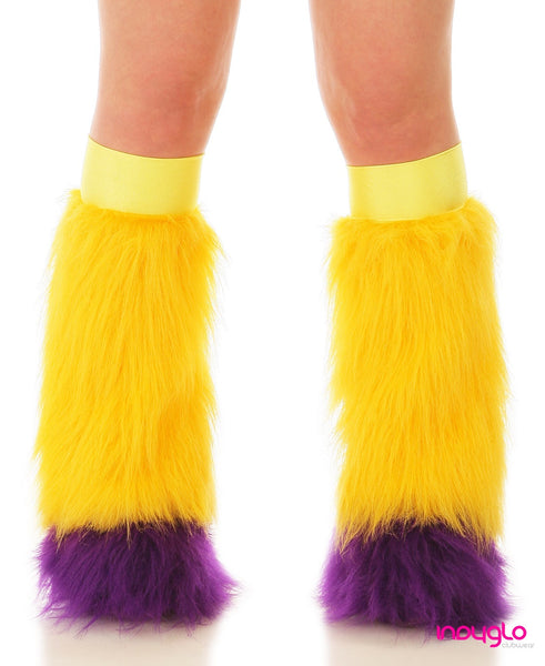 Gold Fluffy Leg Warmers with Purple Tips and Yellow Knee Bands