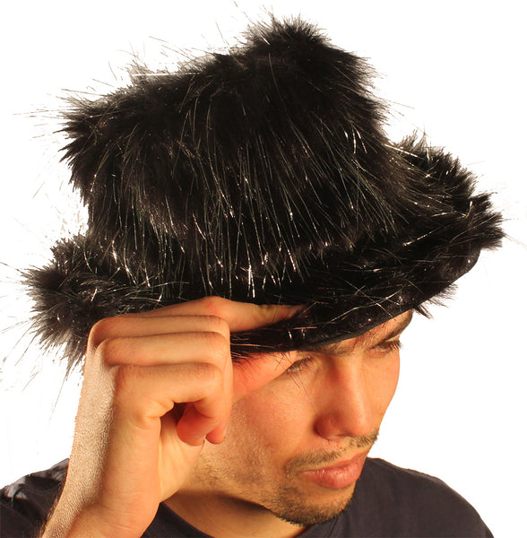 Black Sparkle Faux Fur Fuzzy Classy Fedora Trilby Hat