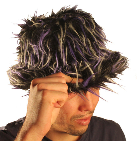 Black Faux Fuzzy Fedora Hat with Purple and White Spikes