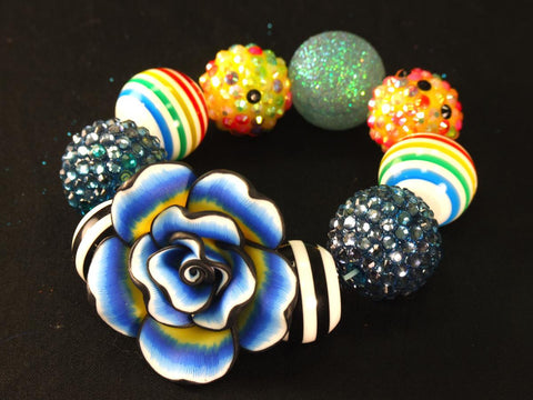 Disco Ball Kandi with Blue/Yellow Tie Dye Flower