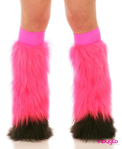 Hot Pink Fluffy Leg Warmers with Black Tips and Hot Pink Knee Bands