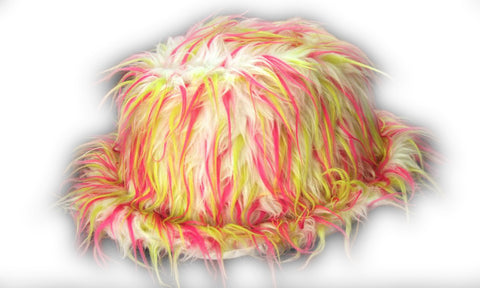 Fluffy White Trilby Hat with Red and Yellow Spikes - White