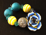 Blue Yellow Tie Dye Flower Glitter Beads Bracelet