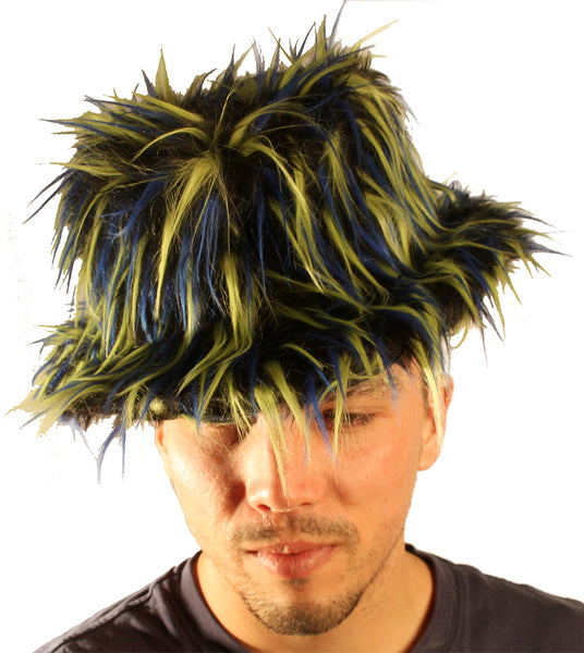 Black Faux Fuzzy Fedora Hat with Blue and Lime Green Spikes
