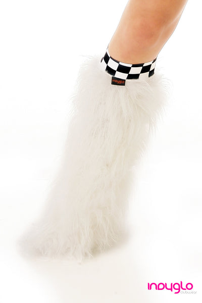 White Fluffy Leg Warmers with Checkered Knee Bands